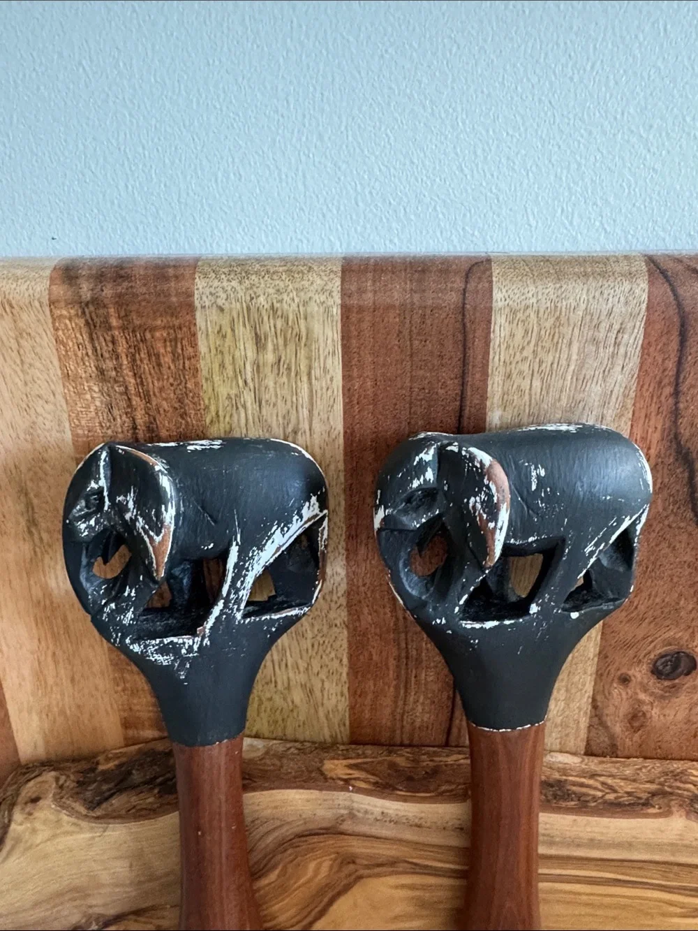 Vintage Hand Carved Wooden Elephant Handle Salad Servers Set Fork and Spoon.